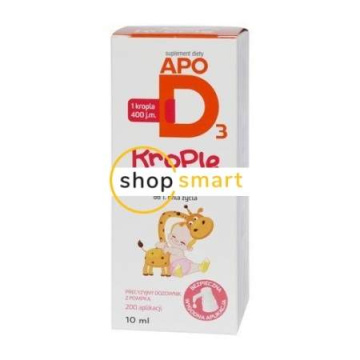 ApoD3 400 j.m.  krople 10 ml Butelka zawiera 10 ml płynu, co odpowiada 200 aplikacjom po 400 j.m witaminy D3.